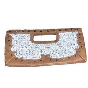 Elegant Tan and White Lace Clutch